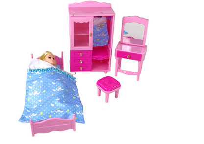 Boneca com móveis, cama, guarda-roupa e Toucador