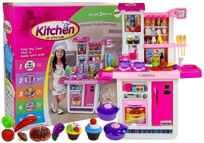 Cozinha rosa com água panelas alimentos som