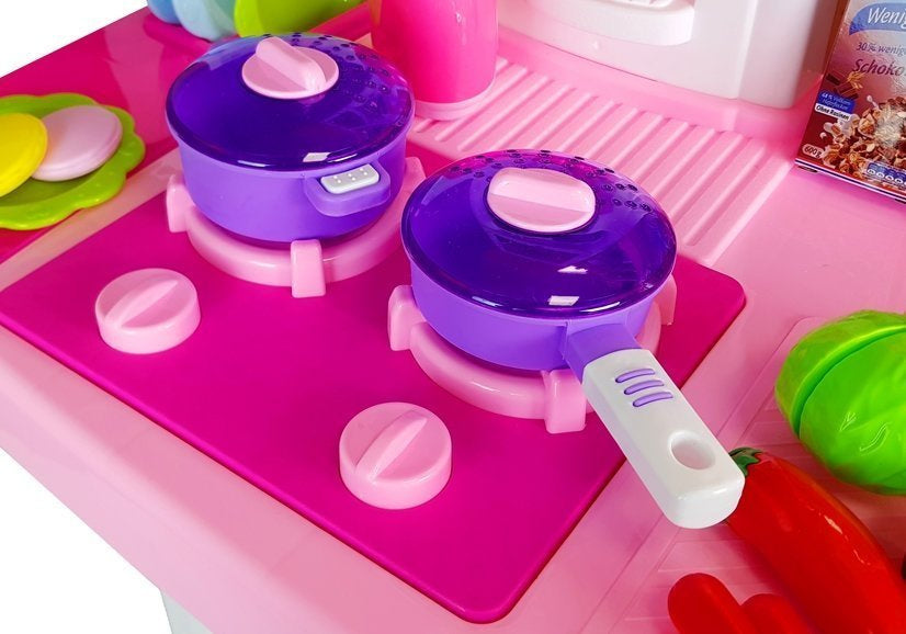 Cozinha rosa com água panelas alimentos som