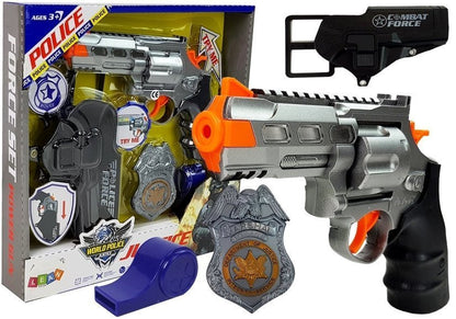 Kit polícia revólver coldre distintivo som luz