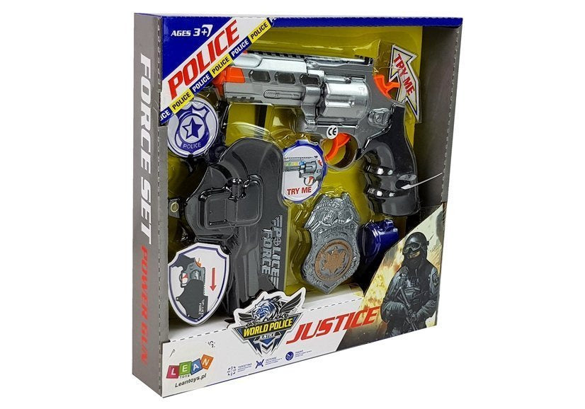 Kit polícia revólver coldre distintivo som luz