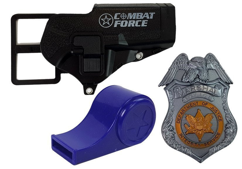 Kit polícia revólver coldre distintivo som luz