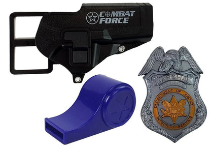 Kit polícia revólver coldre distintivo som luz