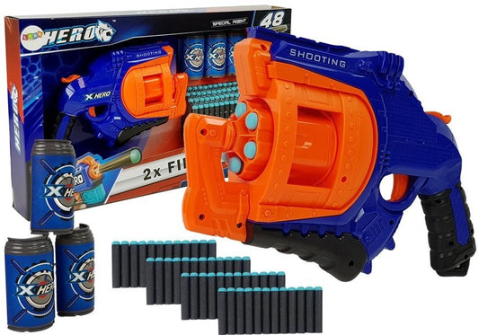 Pistola com dardos de espuma, tambor rotativo de 48 munições, azul e laranja