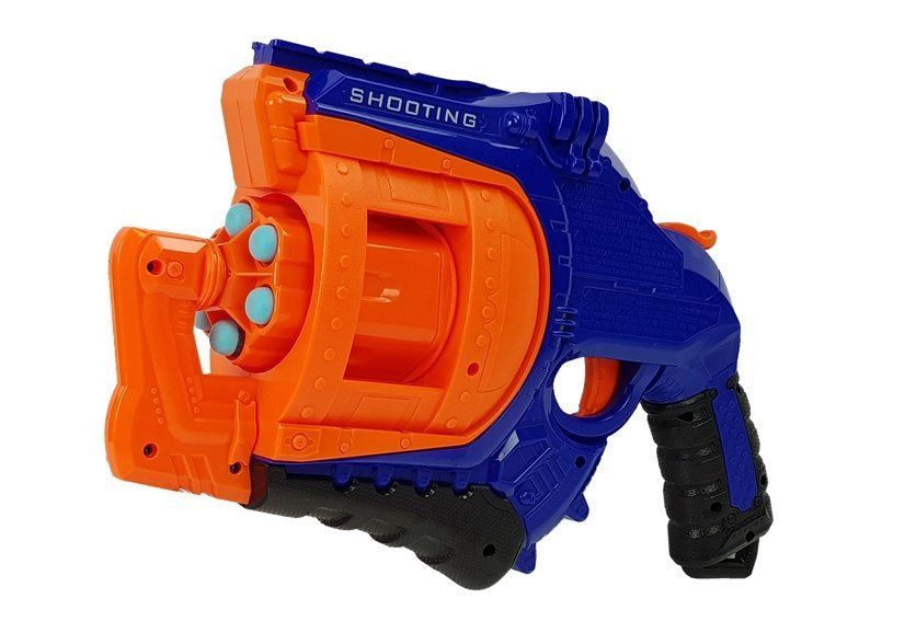 Pistola com dardos de espuma, tambor rotativo de 48 munições, azul e laranja