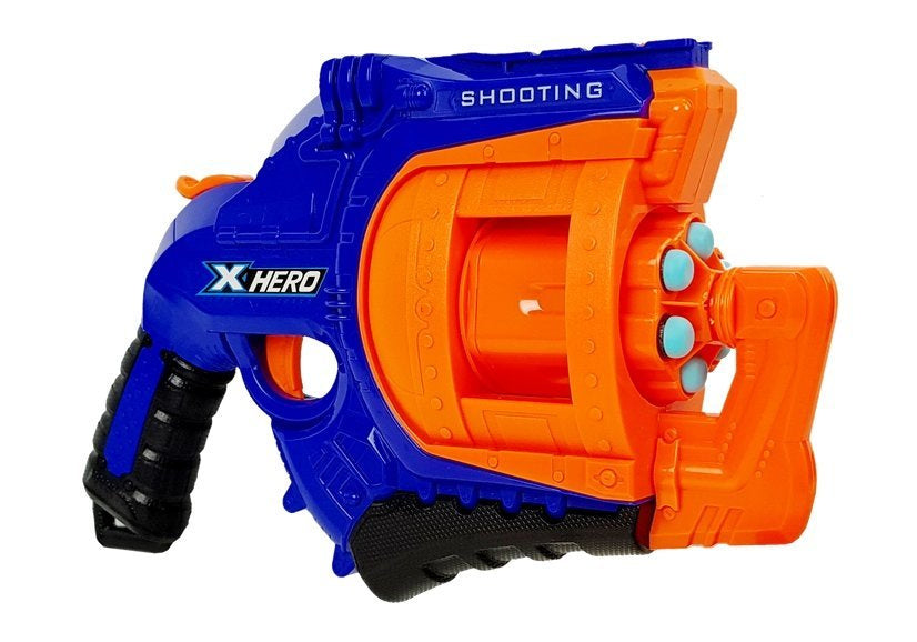 Pistola com dardos de espuma, tambor rotativo de 48 munições, azul e laranja