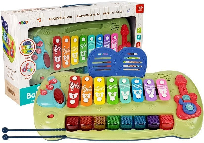 Piano de cauda para bebé com pratos, teclas iluminadas e música