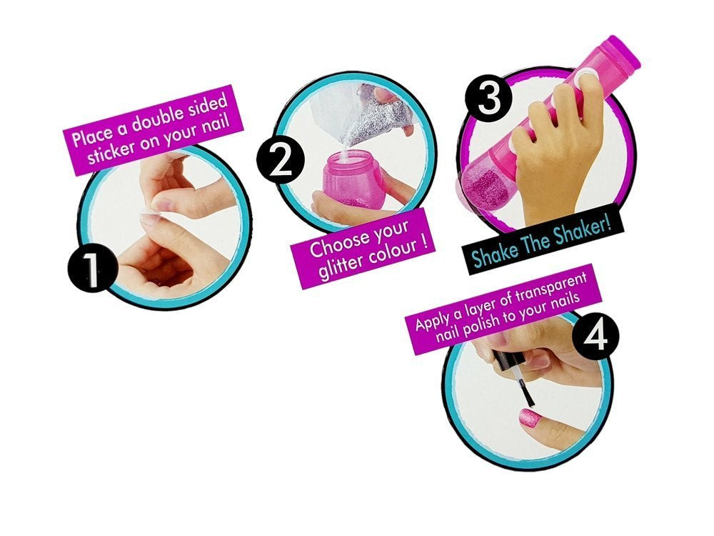 Conjunto manicure com dispensador verniz glitter e autocolantes coloridos
