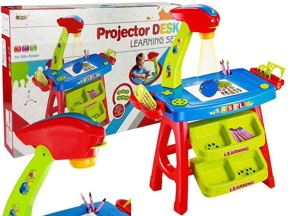 Mesa educativa com projetor 36 imagens lápis moldes azul vermelho