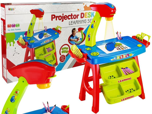 Mesa educativa com projetor 36 imagens lápis moldes azul vermelho