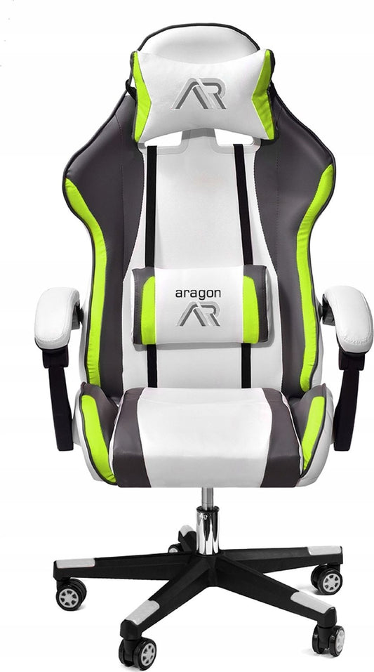Cadeira gaming ergonómica em pele sintética branco, cinza e verde