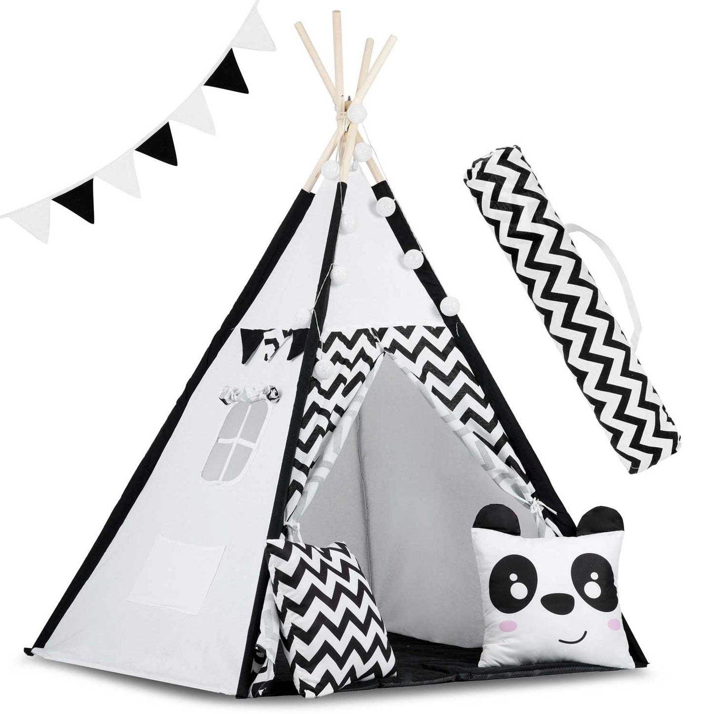 Tenda tipi infantil panda preto e branco com almofadas e luzes