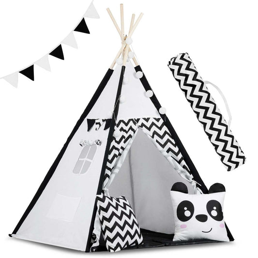 Tenda tipi infantil panda preto e branco com almofadas e luzes
