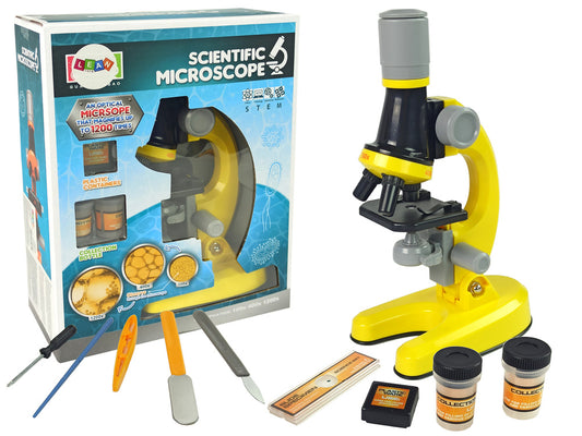 Microscópio científico educativo amarelo 100x 400x 1200x