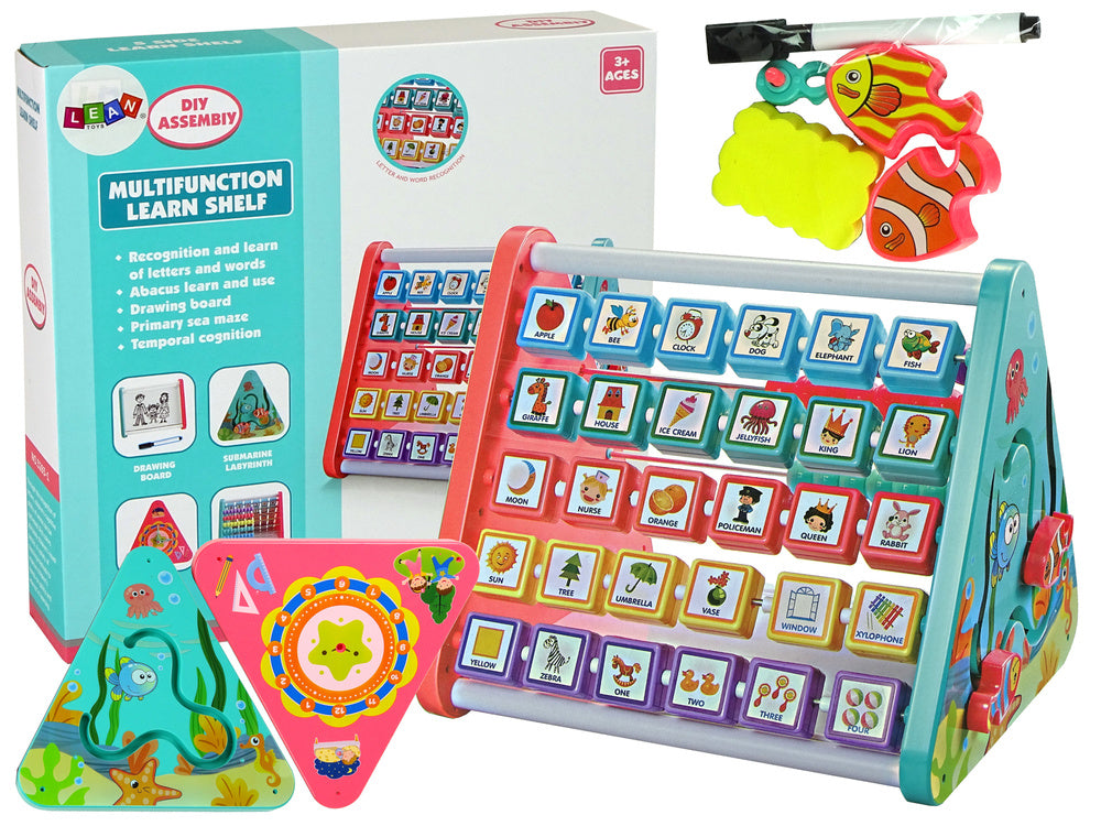 Prateleira educativa triangular contadores letras objetos animais