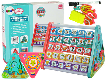 Prateleira educativa triangular contadores letras objetos animais