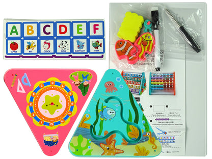 Prateleira educativa triangular contadores letras objetos animais