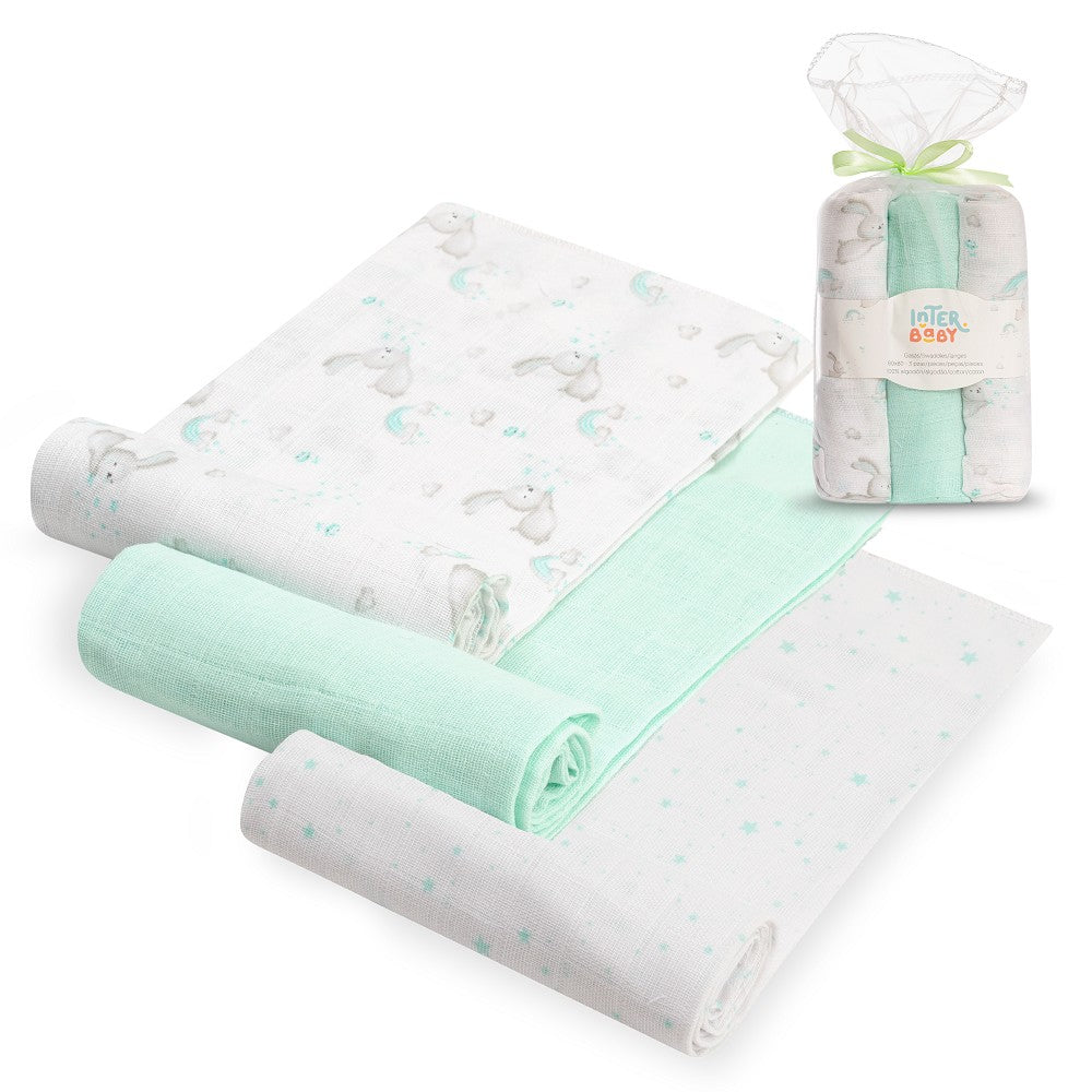 Fralda 80X80 Pack 3 Unidades Coelhinhos e Estrelas Verde Interbaby