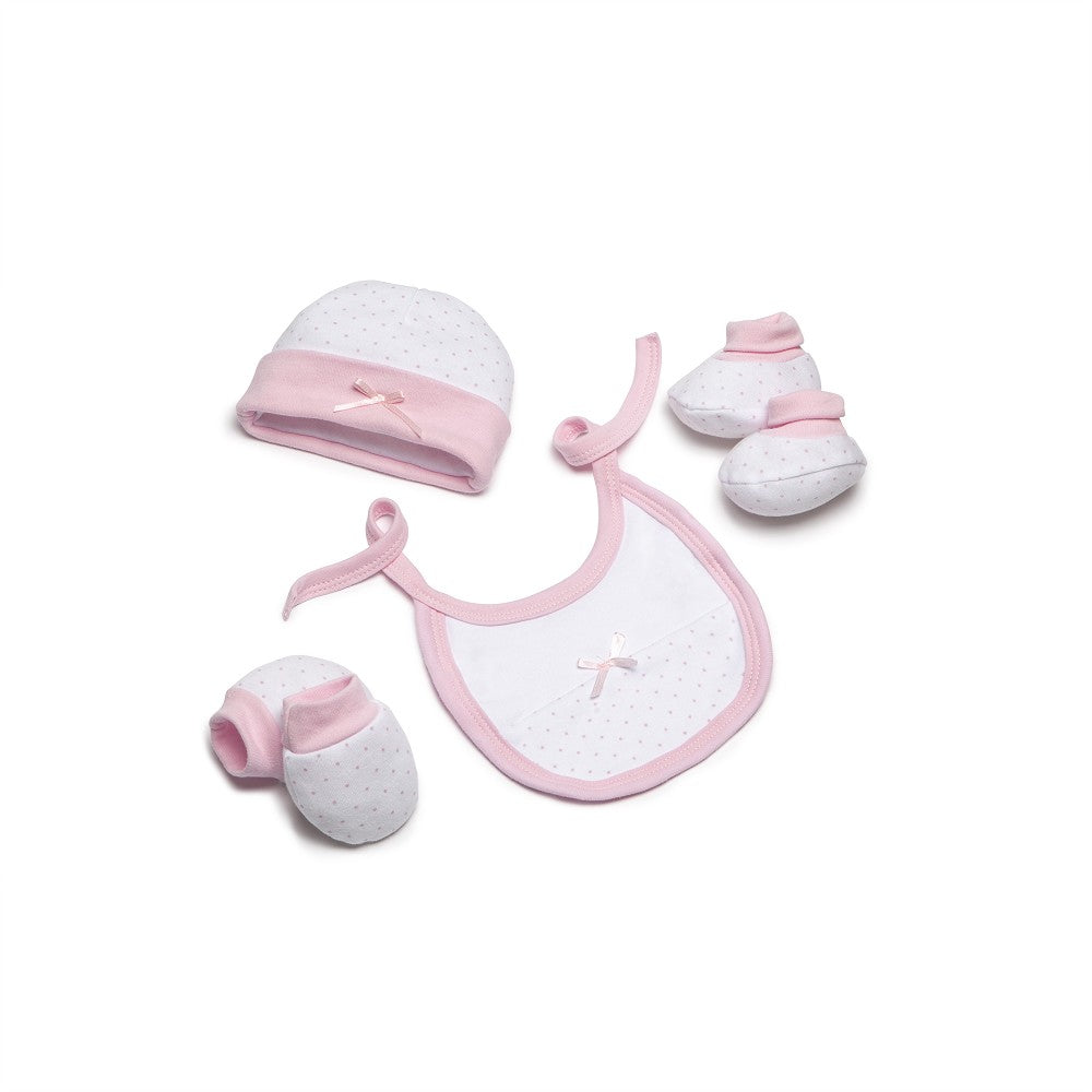 Conjunto 4 Pcs (Chapéu+Luvas+Babete+Meias) Para Recém Nascidos (0 6 Meses) 100% Algodão Rosa Interbaby