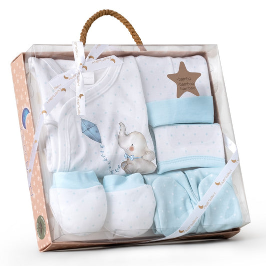 Conjunto 5 Pcs(Camisa+Calça+Luva+Babete+Meias)+Recém Nascidos(0 6 Meses) 100%Alg. Elefante Azul Interbaby