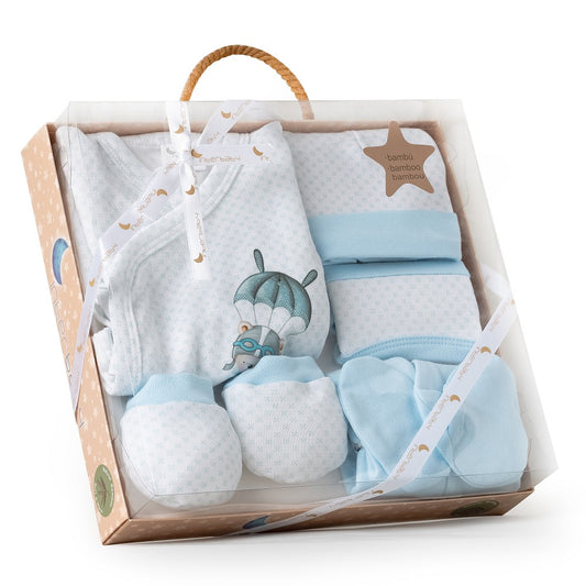 Conjunto 5 Pcs(Camisa+Calça+Luva+Babete+Meias)+Recém Nascidos(0 6 Meses) 100%Alg. Paracaidas Azul Interbaby