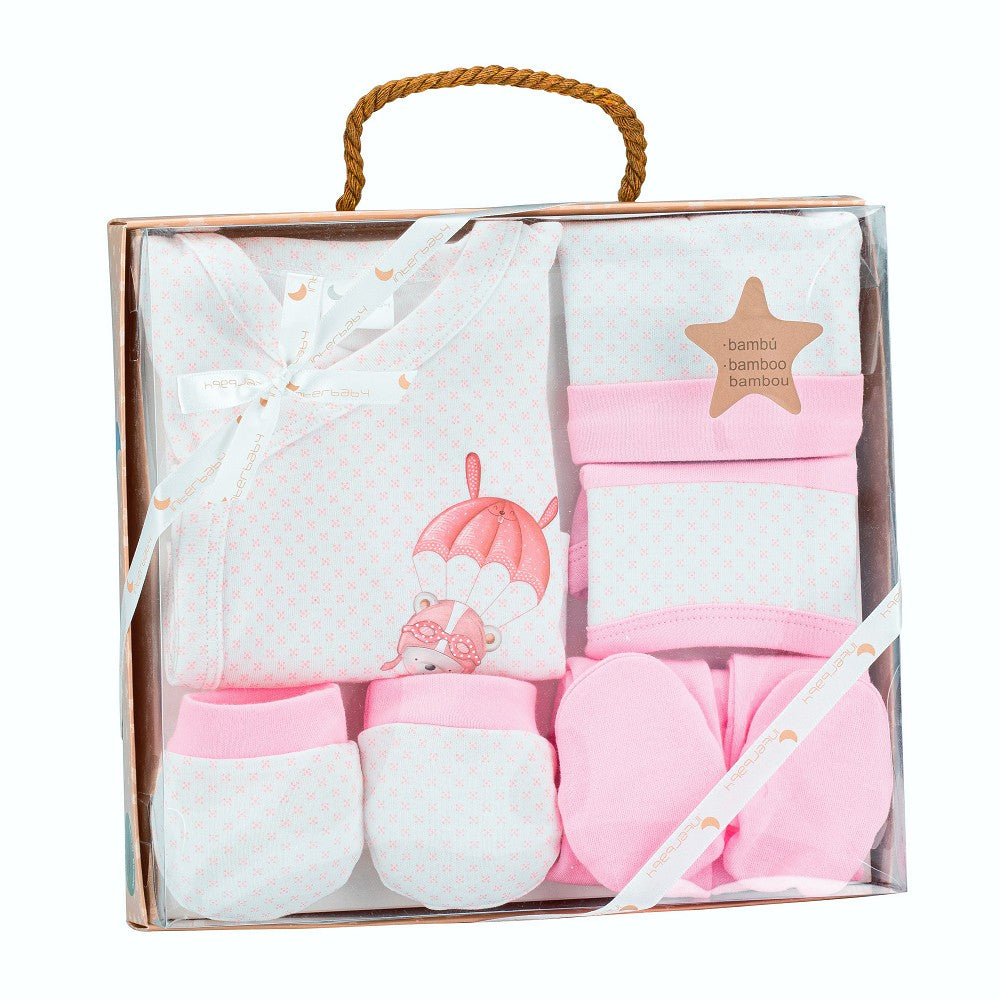 Conjunto 5 Pcs(Camisa+Calça+Luva+Babete+Meias)+Recém Nascidos(0 6 Meses) 100%Alg. Paracaidas Rosa Interbaby