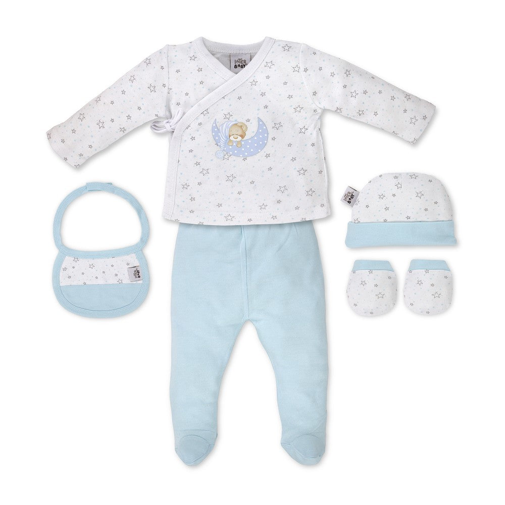 Conjunto 5 Pcs(Camisa+Calça+Luva+Babete+Meias)+Recém Nascidos(0 6 Meses) 100%Alg. Sleep Azul Interbaby