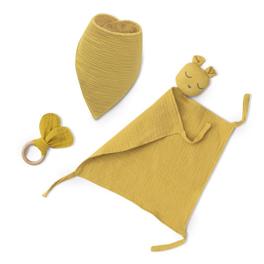 Conjunto Doudou + Bandana + Mordedor Oso Amarelo Ocre Interbaby