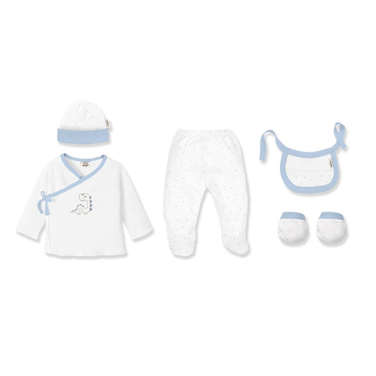 Conjunto 5 Pcs(Camisa+Calça+Luva+Babete+Meias)+Recém Nascidos(0 6 Meses) 100%Alg. Dinosauro Azul Interbaby