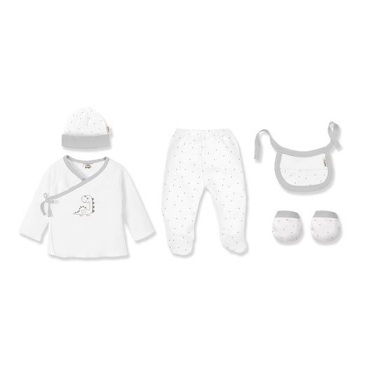 Conjunto 5 Pcs(Camisa+Calça+Luva+Babete+Meias)+Recém Nascidos(0 6 Meses) 100%Alg. Dinosauro Cinza Interbaby