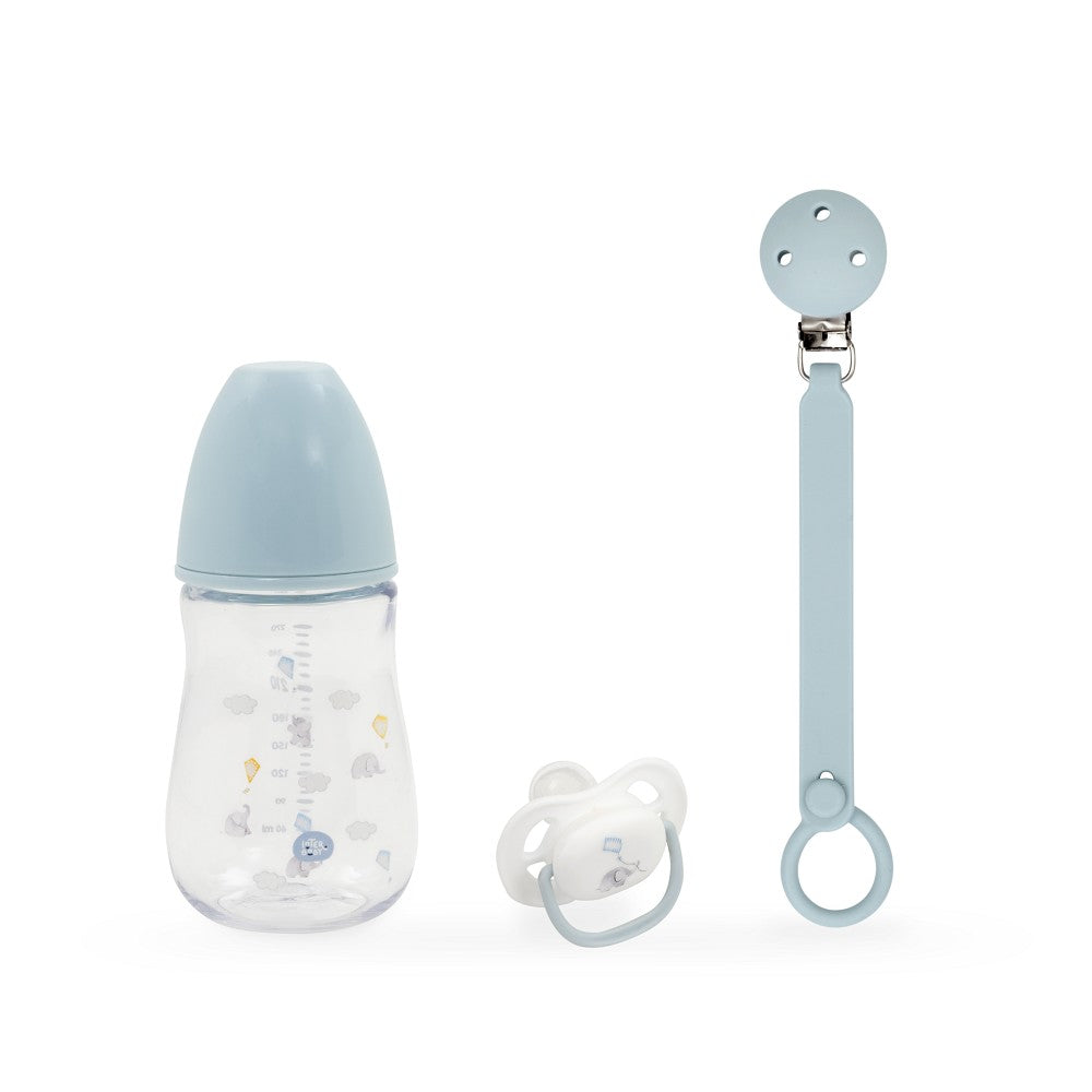 Conjunto Silicone com 3 Peças: Porta-Chupeta + Chupeta + Biberão Azul Interbaby