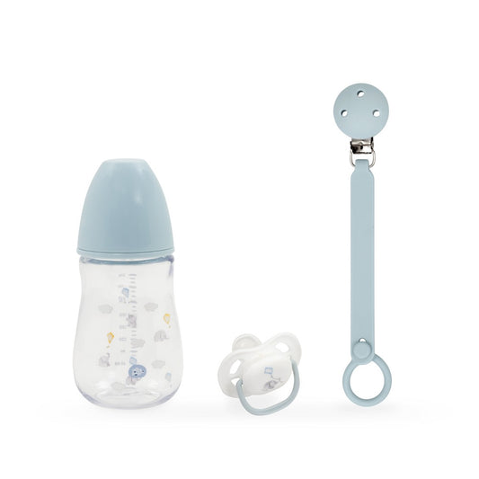 Conjunto Silicone com 3 Peças: Porta-Chupeta + Chupeta + Biberão Azul Interbaby