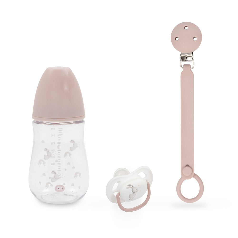 Conjunto Silicone com 3 Peças: Porta-Chupeta + Chupeta + Biberão Rosa Interbaby