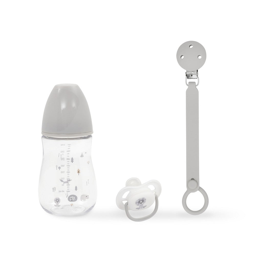 Conjunto Silicone com 3 Peças: Porta-Chupeta + Chupeta + Biberão Cinza Interbaby