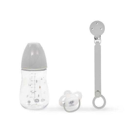 Conjunto Silicone com 3 Peças: Porta-Chupeta + Chupeta + Biberão Cinza Interbaby