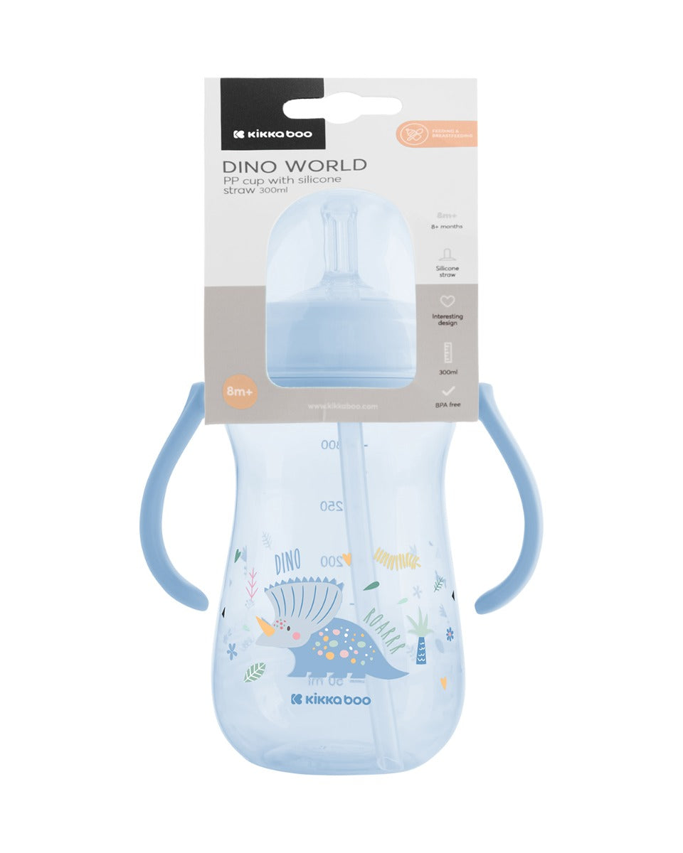Copo PP com palhinha em silicone 300ml Dino World Blue Kikkaboo