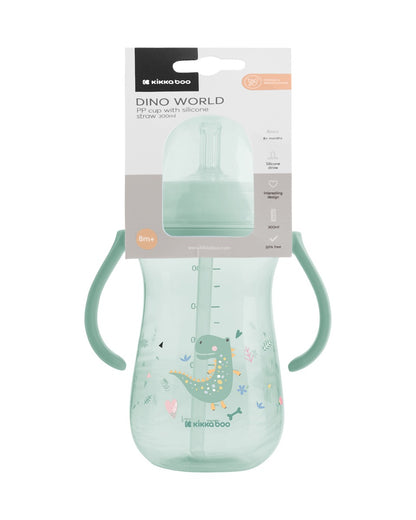 Copo PP Dino World Mint 300ml com palhinha de silicone Kikkaboo