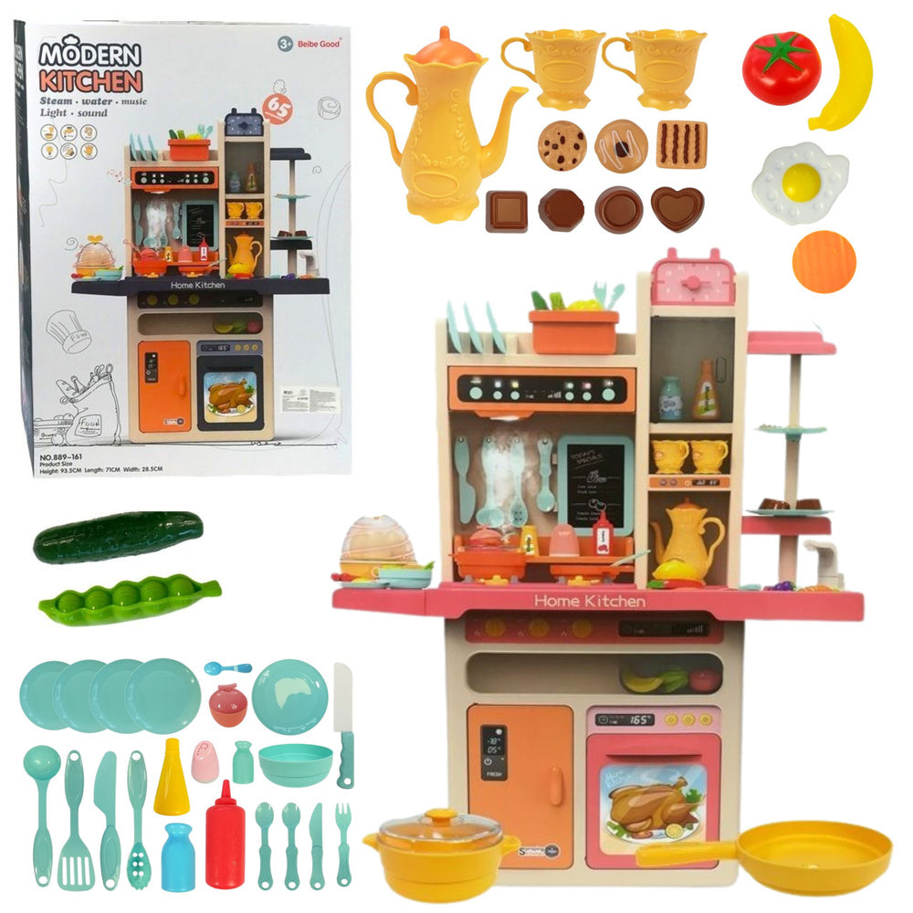 Cozinha infantil rosa com legumes e talheres
