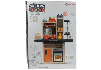 Cozinha infantil rosa com legumes e talheres