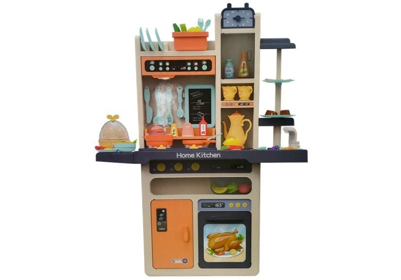 Cozinha infantil rosa com legumes e talheres
