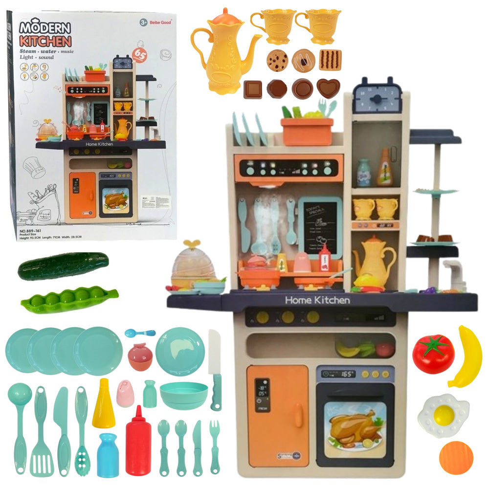 Cozinha infantil laranja com legumes e talheres