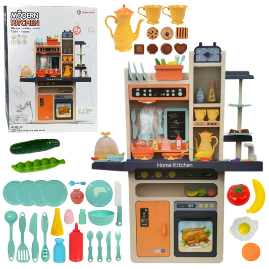 Cozinha infantil laranja com legumes e talheres