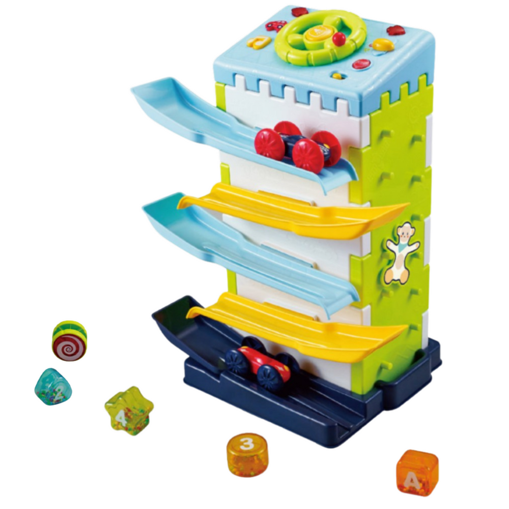 Brinquedo educativo pista carros com escorrega e sorter