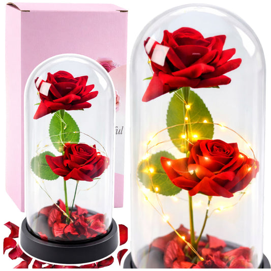 Duas Rosas Eternas Vermelhas Assimétricas em Cúpula LED com Pétalas 21x11 cm