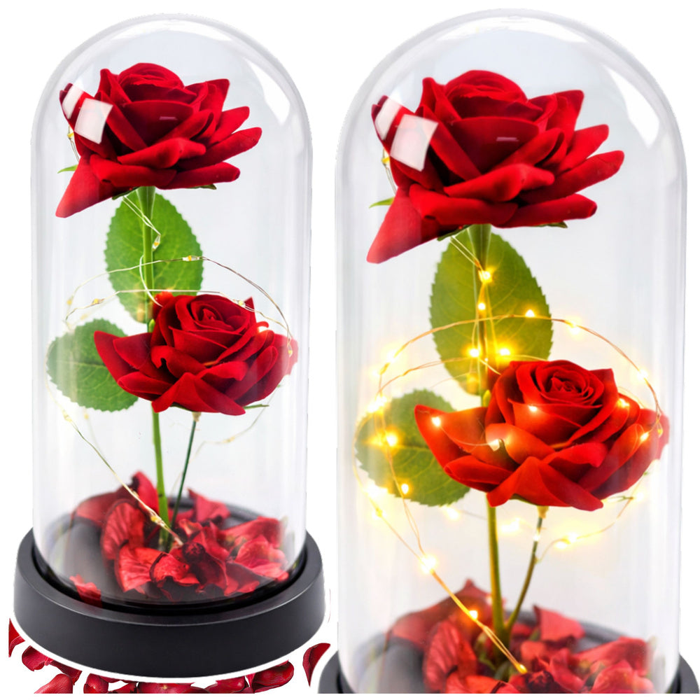 Duas Rosas Eternas Vermelhas Assimétricas em Cúpula LED com Pétalas 21x11 cm