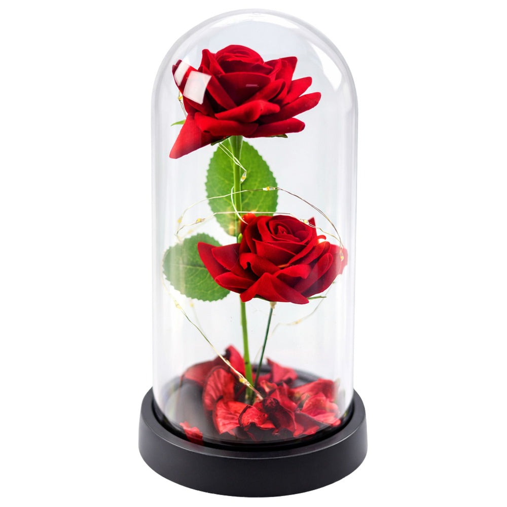 Duas Rosas Eternas Vermelhas Assimétricas em Cúpula LED com Pétalas 21x11 cm