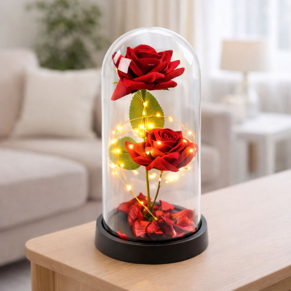Duas Rosas Eternas Vermelhas Assimétricas em Cúpula LED com Pétalas 21x11 cm