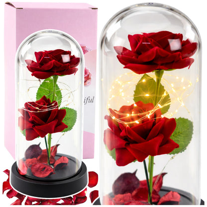 Duas Rosas Eternas Vermelhas Verticais em Cúpula LED com Pétalas 21x11 cm