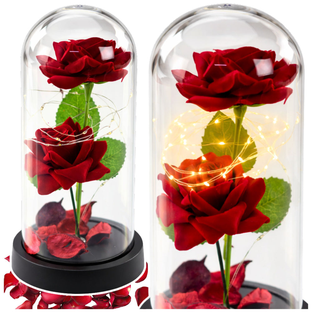 Duas Rosas Eternas Vermelhas Verticais em Cúpula LED com Pétalas 21x11 cm