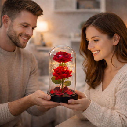 Duas Rosas Eternas Vermelhas Verticais em Cúpula LED com Pétalas 21x11 cm